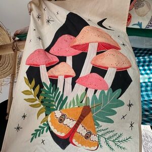 Dream Folk Linen Tea Towel Moth Mushroom Boho Kitchen Decor